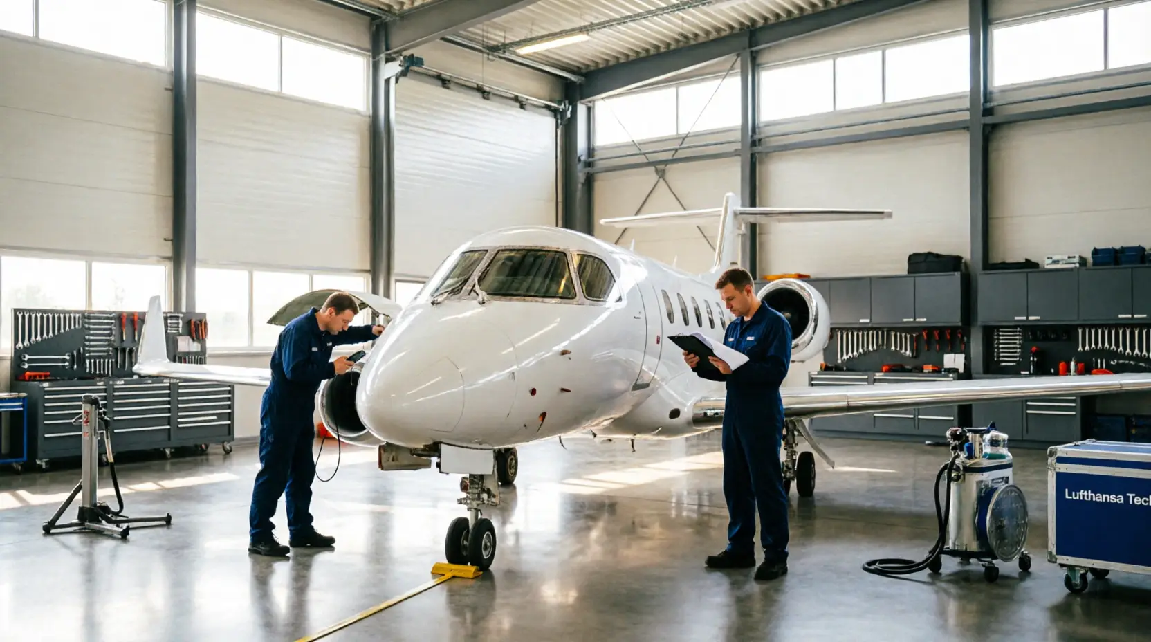 Moderne Wartungshalle und Flugzeuge